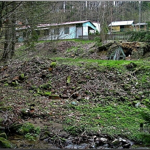 Celkový pohled na místo, kde stávaly dvě usedlosti pily, vpravo pozůstatky základů a sklep. Nahoře dětský tábor.