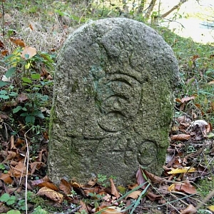 Hraniční kámen (panství Stadionů) v prostoru zaniklé vsi s datem 1740.